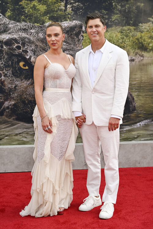 Scarlett Johansson, left, and Colin Jost attend the "Jurassic World Rebirth" premiere on Monday, June 23, 2025, at Lincoln Center in New York. (Photo by Evan Agostini/Invision/AP)/NYAP125/25174815819545/062325131813, 21334631,/2506240045