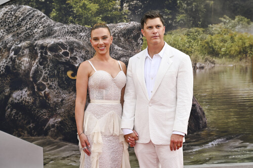 Scarlett Johansson, left, and Colin Jost attend the "Jurassic World Rebirth" premiere on Monday, June 23, 2025, at Lincoln Center in New York. (Photo by Evan Agostini/Invision/AP)/NYAP126/25174815886921/062325131813, 21334631,/2506240045