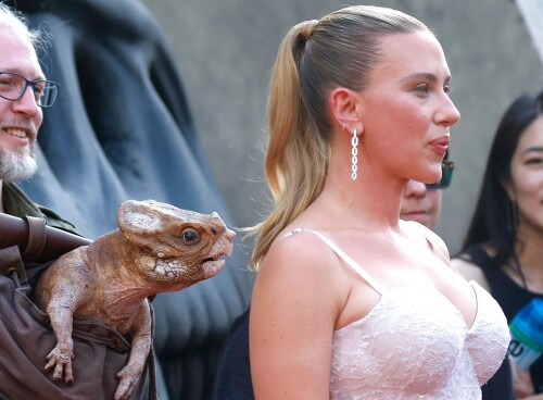 Mandatory Credit: Photo by John Angelillo/UPI/Shutterstock (15370977e)Scarlett Johansson and the mechanical dinosaur character Dolores the Aquilops arrive on the red carpet for the "Jurassic World Rebirth" New York Premiere at Lincoln Center on Monday June 23, 2025 in New York City.Jurassic World Rebirth Premiere, New York, United States - 23 Jun 2025